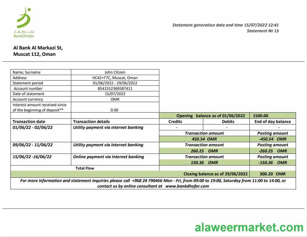 Oman Bank Dhofar bank statement